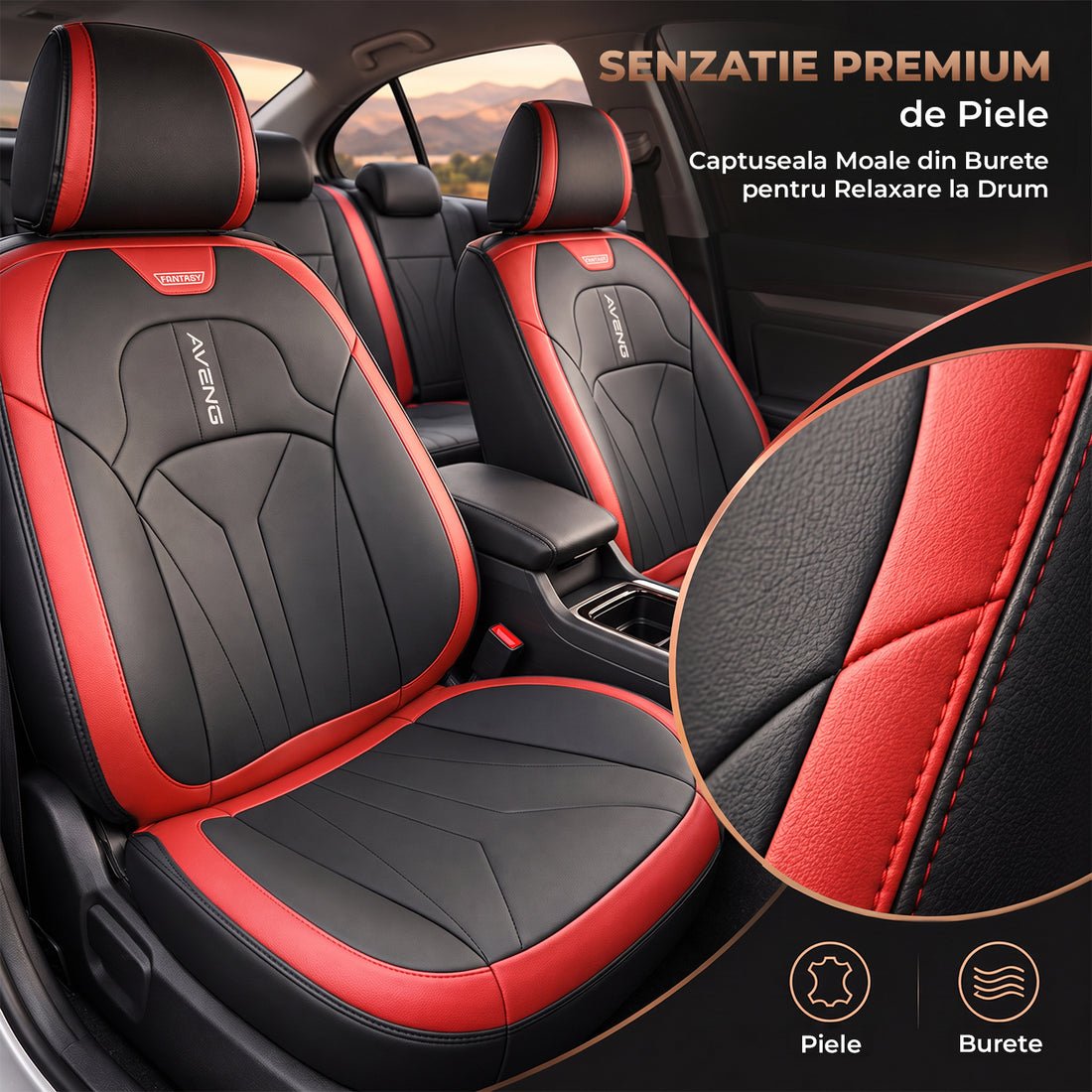 Set 5 Huse Scaune de Masina Elindor®, Huse Auto Piele, Impermeabile, Universale, Protectie Scaun Fata si Spate, Montaj Rapid, Accesorii Masina Interior, Negru / Rosu