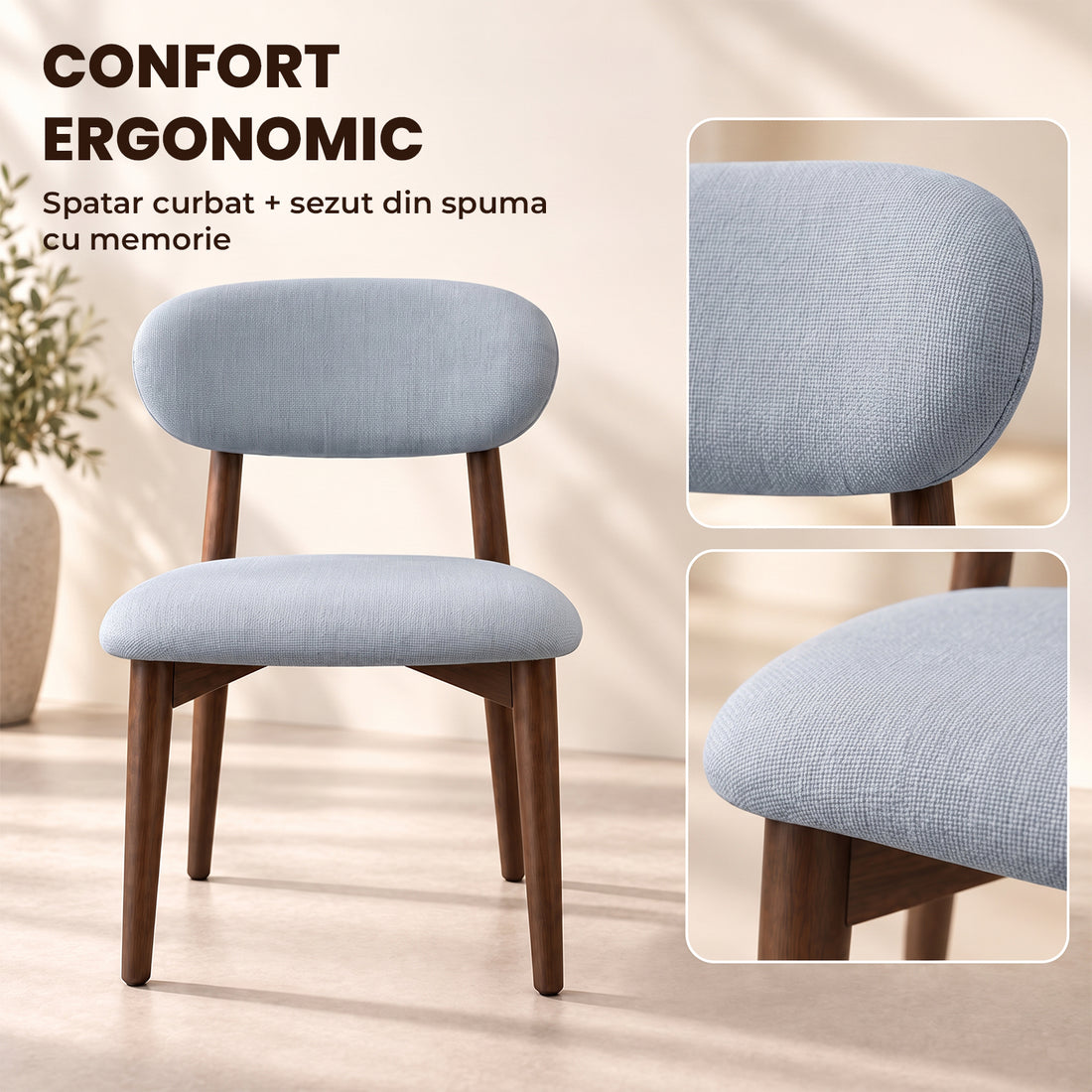 Set 2 Scaune Elindor® Ergonomice, Design Contemporan, Scaun cu Spatar si fara Manere, din Bumbac si In cu Picioare Maro Inchis, Potrivite pentru Living, Bucatarie, Birou, Dormitor, Gri Albastrui