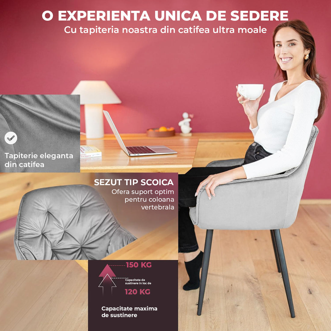 Set 2 Scaune Elindor® Ergonomice, Design Contemporan, Scaun cu Spatar si cu Manere, din Catifea cu Picioare Metalice Negre, Potrivite pentru Living, Bucatarie, Birou, Dormitor, Latime Sezut 55 cm, Gri