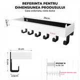 Suport pentru Chei din Lemn Elindor® pentru Perete, cu 6 Carlige, Maontare cu Adeziv sau Suruburi, Compact si Durabil, pentru Hol, Sufragerie, Bucatariei, Dormitor, 25 x 6 x 6 cm, Alb