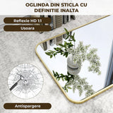 Oglinda Decorativa Elindor® Agatare pe Perete sau Sprijinita, Aurie, Dreptunghiulara, Colturi Rotunjite, Moderna si Eleganta, Reflexie HD, Sticla fara Distorsiuni, Ideala pentru Dormitor, Living, Birou, Dressing, Hol, Baie, Rama Metalica, 90x60 cm