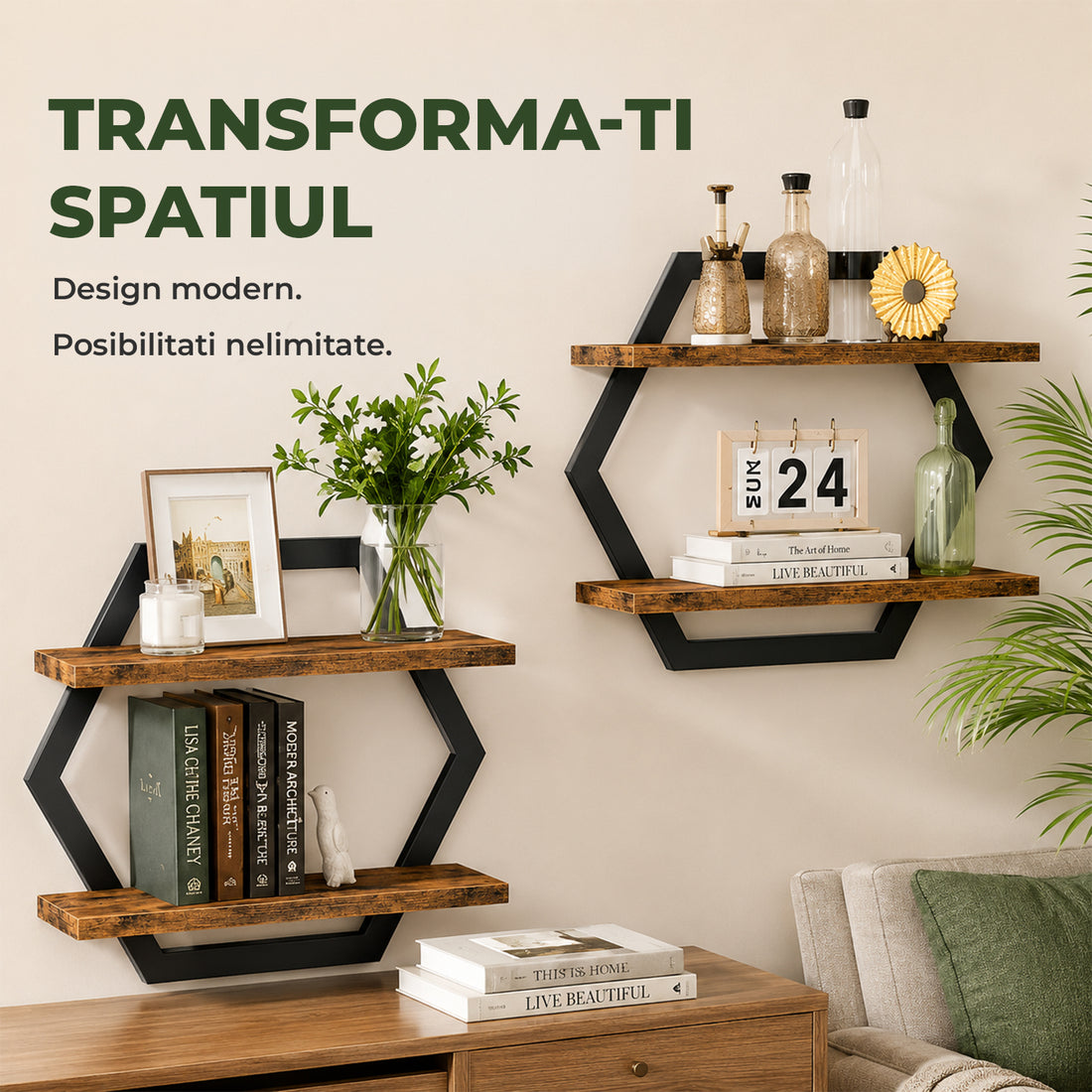 Set 2 Rafturi Elindor®, Raft Suspendat de Depozitare, Mobila Bucatarie, Dormitor, Baie sau Birou, Etajera Practica cu Design Aerisit, Usor de Asamblat, Perfecta pentru Organizare Carti, Condimente, Polita Produse Diverse, 80 x 39 x 18.5 cm, Maro / Negru