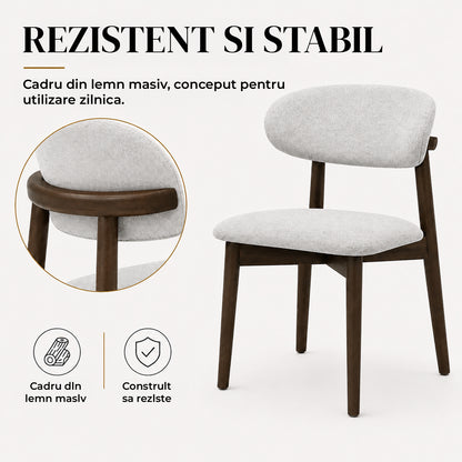 Set 2 Scaune Elindor® Ergonomice, Design Contemporan, Scaun cu Spatar si fara Manere, din Bumbac si In cu Picioare Maro Inchis, Potrivite pentru Living, Bucatarie, Birou, Dormitor, Alb / Gri