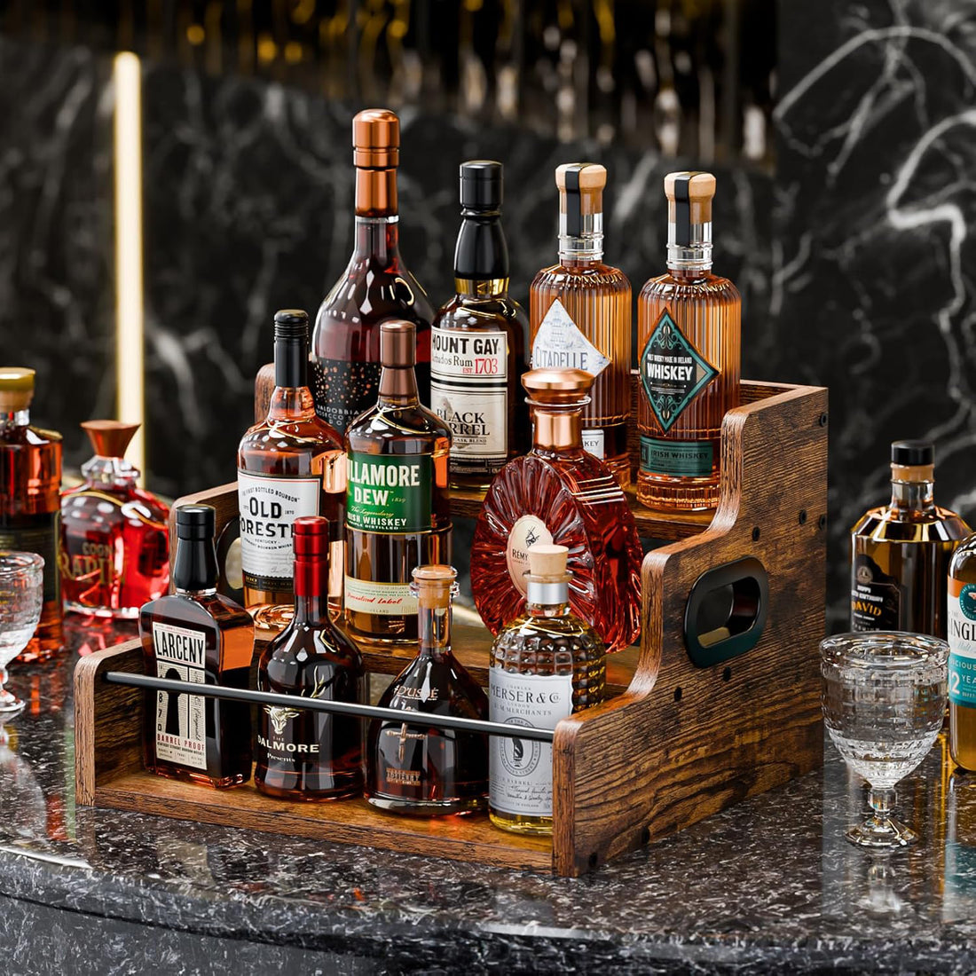 Raft Expunere Sticle Elindor®, Suport Bauturi 3 Niveluri pentru Bar sau Bucatarie, din Lemn, Design Vintage, pentru Vin, Whiskey, Rom, 40 × 30 × 23.8 cm, Maro