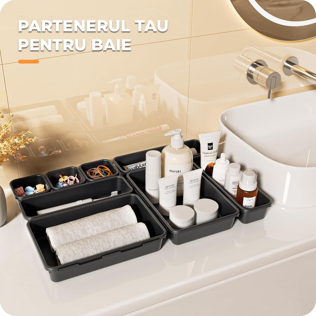 Set 22 Cutii Depozitare Elindor® Organizator pentru Bucatarie si Baie, 3 Marimi, Organizatoare Dulap si Sertare, Cutie pentru Sertar, Frigider, Camara, Baie, Bar, Birou, Cos Multifunctional, Separator Fructe, Legume, Creme, Parfumuri, PP