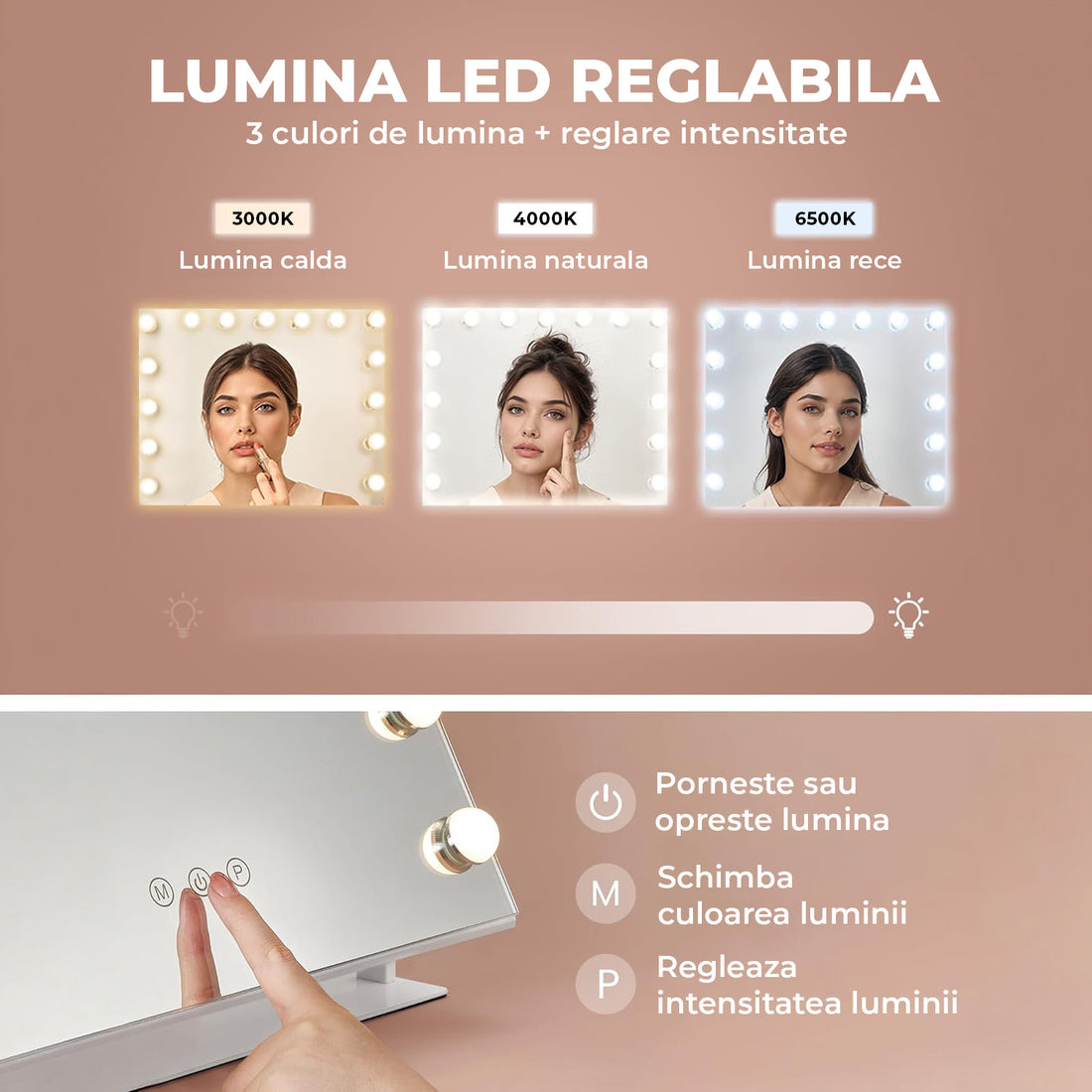 Oglinda Cosmetica Iluminata Led 360° Elindor® de Masa, Buton Touch, Luminozitate Ajustabila, Efect de Marire Lupa 10X, Oglinzi Cosmetice pentru Coafor, Barbierit, Pensat, Vopsit, Tuns si Machiaj, Frizerie, 58X43 cm, Alb
