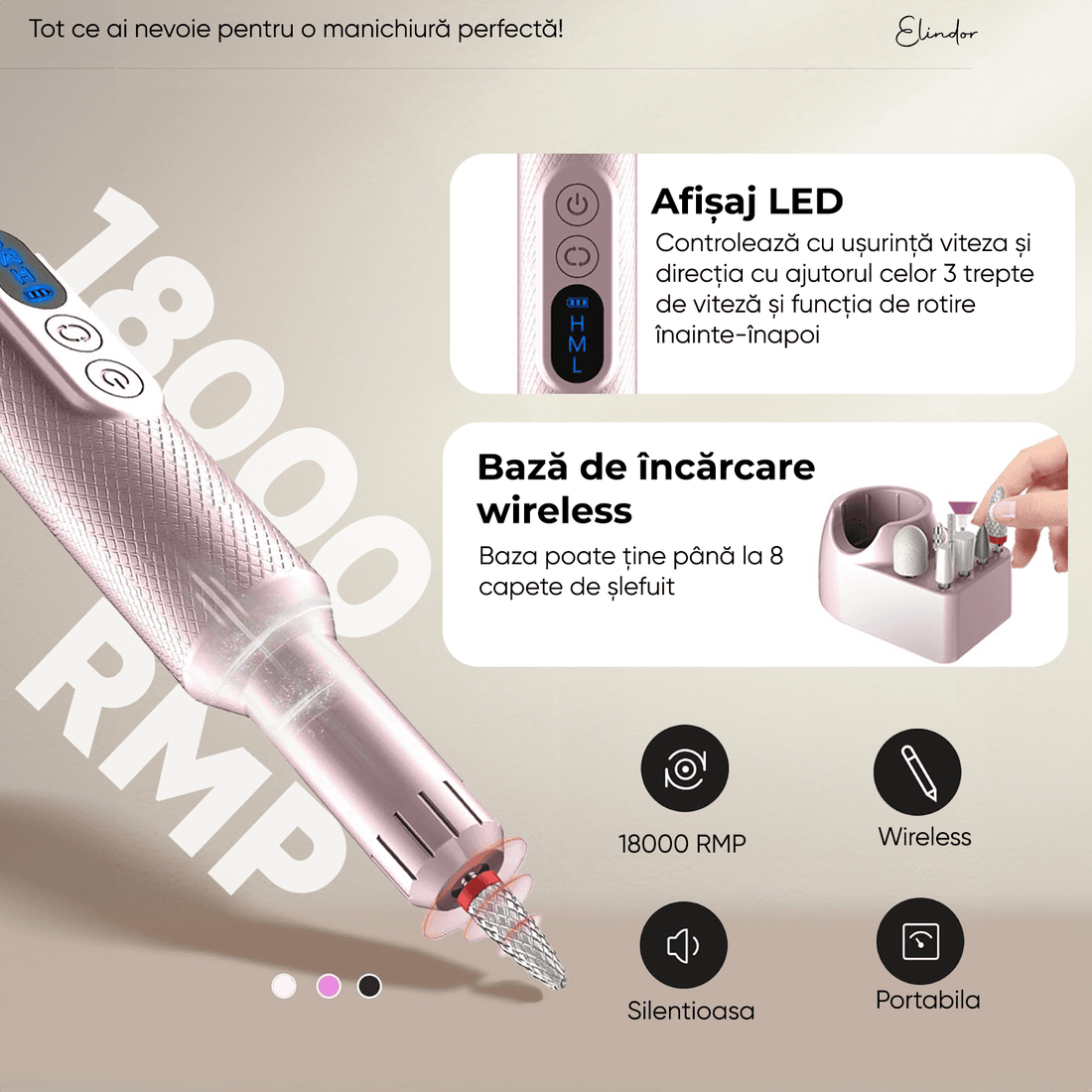 Freză unghii profesională wireless, 18.000 RPM, 12 capete, 36 benzi de șlefuire, roz