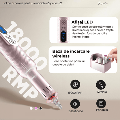 Freză unghii profesională wireless, 18.000 RPM, 12 capete, 36 benzi de șlefuire, roz