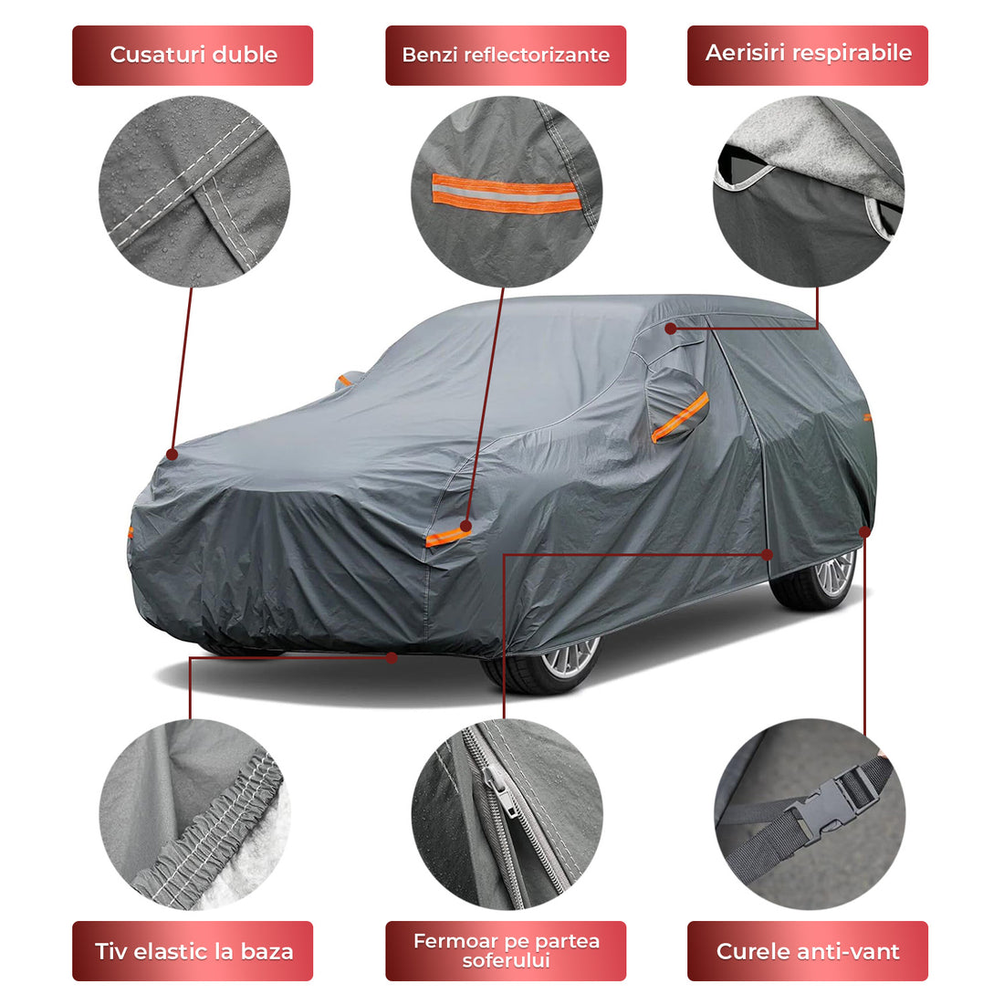 Prelata Auto Premium Elindor® Impermeabila, Protectie UV, Antisoare, Praf, Ploaie si Zapada, Toate Anotimpurile, Heavy Duty, Husa Exterior, Huse Protectie Completa, Universala, Accesorii Masina, Marime Break L, 470 × 198 × 144 cm, Gri Inchis