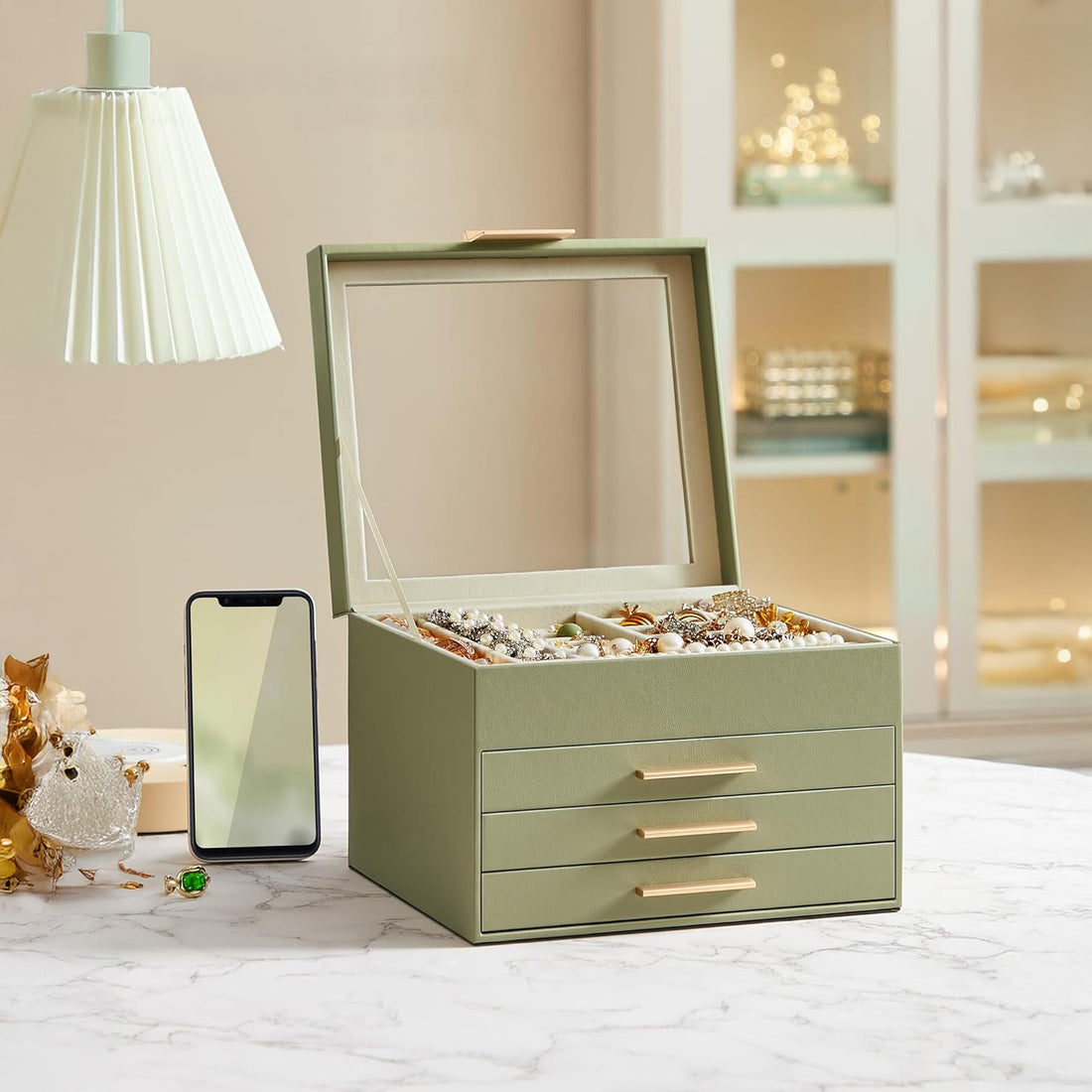 Cutie de Bijuterii Elindor® cu Capac, Organizator 4 Niveluri, 3x Sertar, Spatiu Depozitare Inel, Verighete, Lantisoare, Bratari, Cercei, Caseta din Material Catifelat, Rafinat, Simplu si Elegant, Piele Ecologica, 23×20x16.5 cm, Verde Masliniu