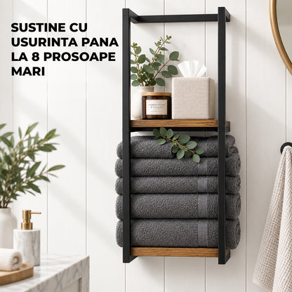 Raft Prosop Elindor® Etajera Prosoape Dus, Suport Organizare Perete sau Podea, Organizator Baie, Polita din Otel Carbon si Lemn, 77 x 28.5 x 14 cm, Negru