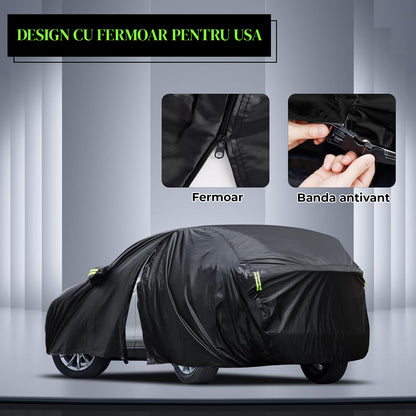 Prelata Auto Premium Elindor® Impermeabila, Protectie UV, Antisoare, Praf, Ploaie si Zapada, Toate Anotimpurile, Husa Exterior, Huse Protectie Completa, Universala, Accesorii Masina, Marime Break XL, 500 × 193 × 144 cm, Negru