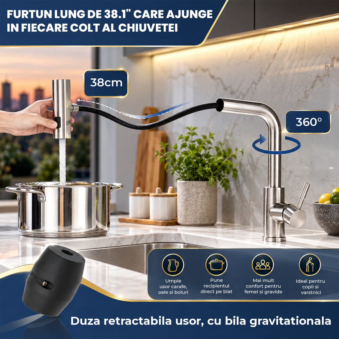 Baterie Chiuveta Baie Aurie Elindor® Robinet de Apa, Modern cu Pipa Extractibila, 4 Tipuri de Jet: Cascada, Delicat, Jet Puternic si Dus, Monocomanda, Rotativ 360°, pentru Bucatarie, Otel Inoxidabil SUS304, Finisaj Mat