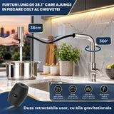 Baterie Chiuveta Baie Aurie Elindor® Robinet de Apa, Modern cu Pipa Extractibila, 4 Tipuri de Jet: Cascada, Delicat, Jet Puternic si Dus, Monocomanda, Rotativ 360°, pentru Bucatarie, Otel Inoxidabil SUS304, Finisaj Mat