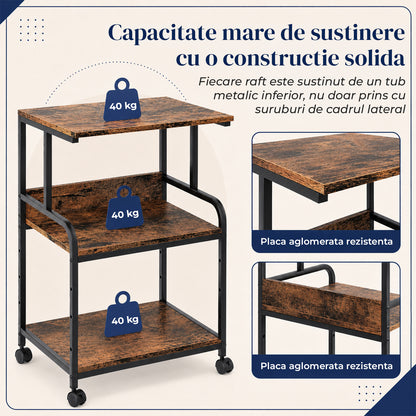 Carucior Organizator 3 Niveluri Elindor® , cu Roti 360°, Organizator Bucatarie, Multifunctional, Raft Mobil Organizare Baie, Camara, Birou, Bar, 80 x 55 x 40 cm, Negru / Maro