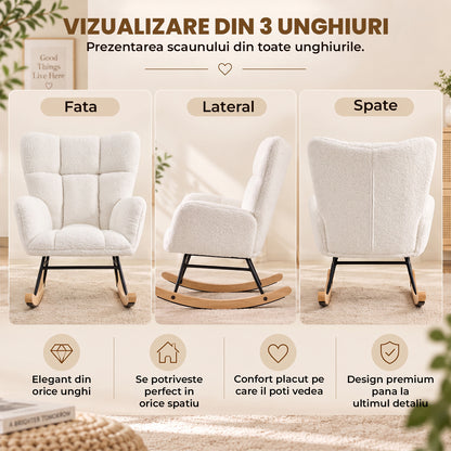 Fotoliu Balansoar Elindor® cu Spatar, Ergonomic, Cadru Solid din Otel, Ideal pentru Living, Dormitor, Camera Copilului, 68 x 88 x 93 cm, Alb