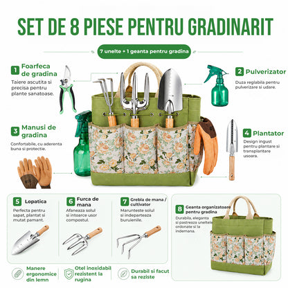 Set 8 Accesorii Elindor® pentru Gradinarit, Instrumente din Otel Inoxidabil, cu Maner Ergonomic din Lemn de Fag, Geanta de Gradina cu Maner si 5 Buzunare, Model Floral, Manusi Protectie, Grebla, Lopatica, Sticla Pulverizare, Cleste, Accesorii Plante