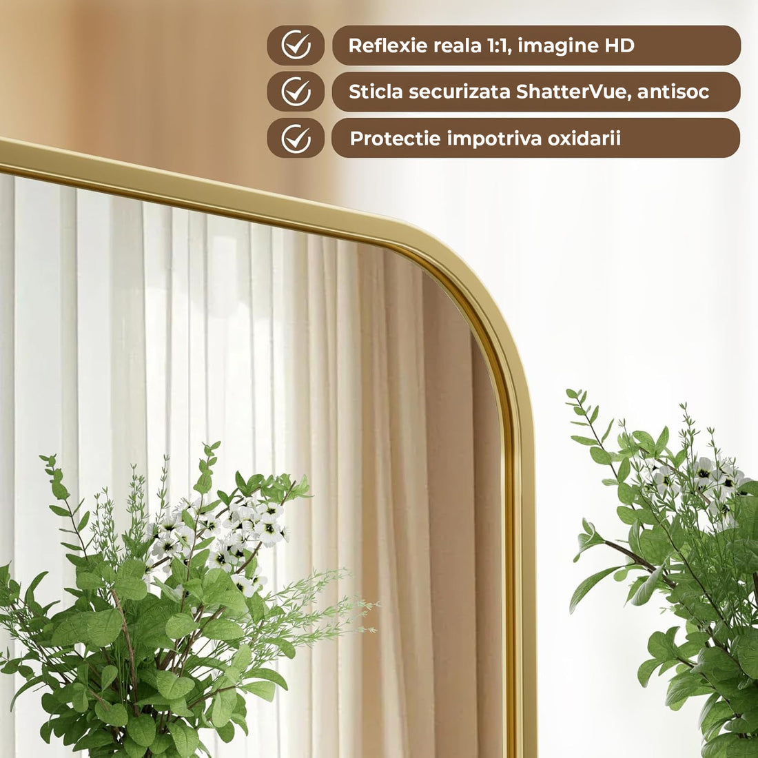 Oglinda Decorativa Elindor® 122x75cm Rama Aurie, Agatare pe Perete sau Sprijinita, Dreptunghiulara, Colturi Rotunjite, Moderna si Eleganta, Reflexie HD, Sticla fara Distorsiuni, Ideala pentru Dormitor, Living, Birou, Dressing, Hol, Baie