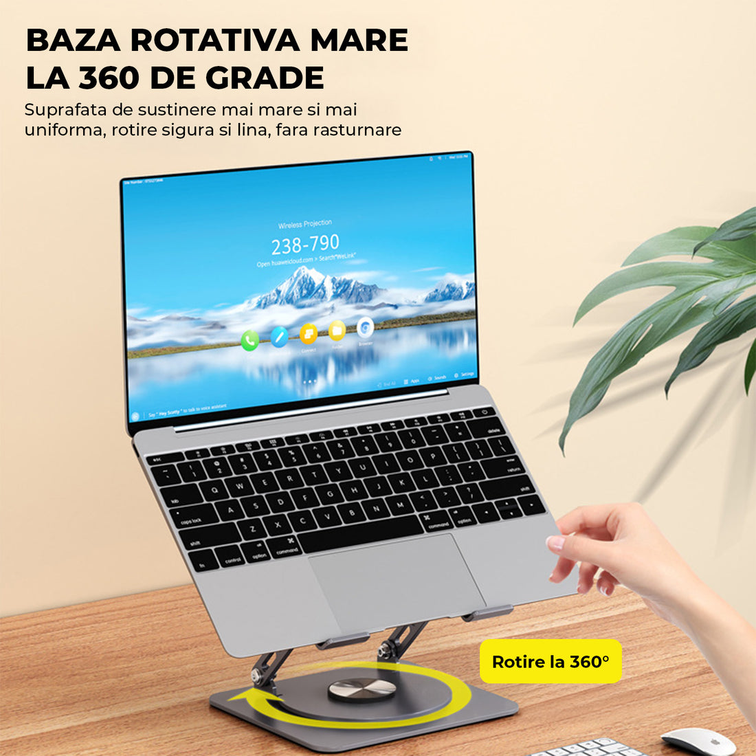 Suport Laptop si Tableta Elindor®, Masa Ergonomica Reglabila si Portabila, Stand Universal cu Baza Rotativa 360°, Antiderapanta, Compatibil 10–15.5 Inch, Ideal pentru Birou, Acasa si Calatorii, Gri