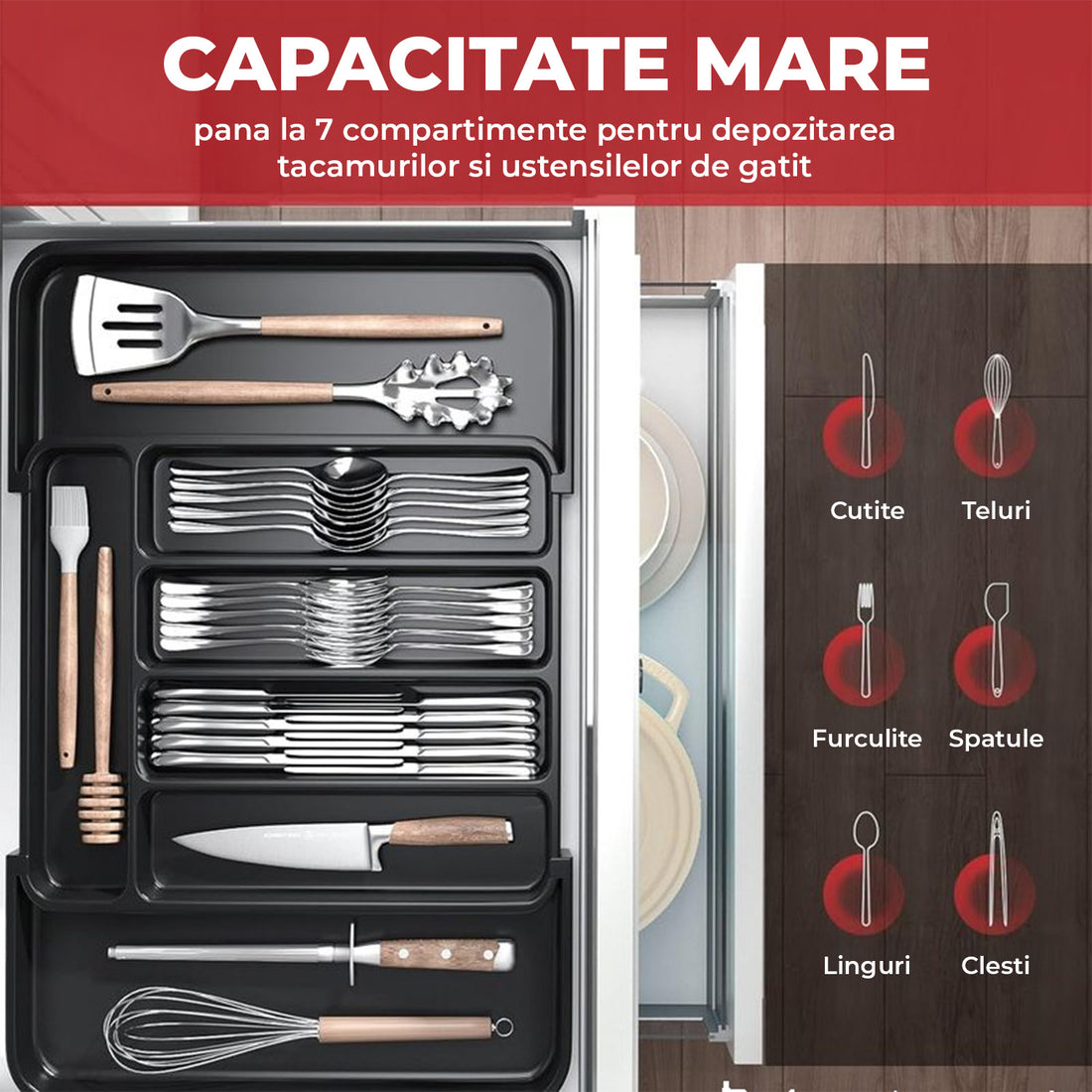 Organizator Elindor® pentru Tacamuri si Ustensile de Bucatarie, 5-7 Compartimente, Sertar Extensibil, Suport Ajustabil pentru Cutite, Linguri, Furculite, Accesorii Bucatarie, Separator Sertar, 32 × 22 × 4 cm, Negru