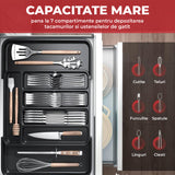 Organizator Elindor® pentru Tacamuri si Ustensile de Bucatarie, 5-7 Compartimente, Sertar Extensibil, Suport Ajustabil pentru Cutite, Linguri, Furculite, Accesorii Bucatarie, Separator Sertar, 32 × 22 × 4 cm, Negru