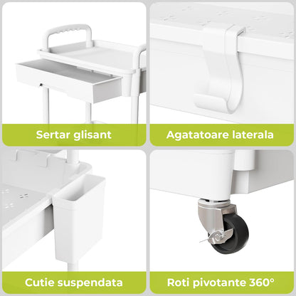 Carucior Organizator 3 Niveluri Elindor®, cu 1 Sertar si Roti 360°, Organizator Bucatarie, Multifunctional, Raft Mobil Organizare Baie, Camara, Birou, Bar, 38 x 27 x 74 cm, Alb
