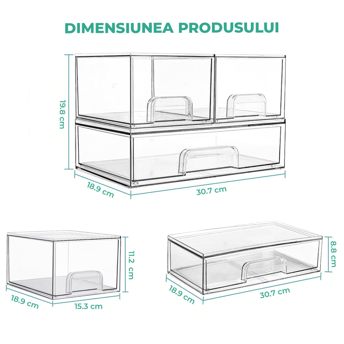 Set 3 Cutii Organizatoare Elindor® din Plastic, Cutie Depozitare si Organizare cu Sertare Glisante, pentru Accesorii, Parfumuri, Organizator pentru Sertar, Dulap, Frigider, Multifunctional pentru Bucatarie, Baie, Dormitor, Camara, Bar, Birou, Transparent