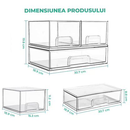 Set 3 Cutii Organizatoare Elindor® din Plastic, Cutie Depozitare si Organizare cu Sertare Glisante, pentru Accesorii, Parfumuri, Organizator pentru Sertar, Dulap, Frigider, Multifunctional pentru Bucatarie, Baie, Dormitor, Camara, Bar, Birou, Transparent