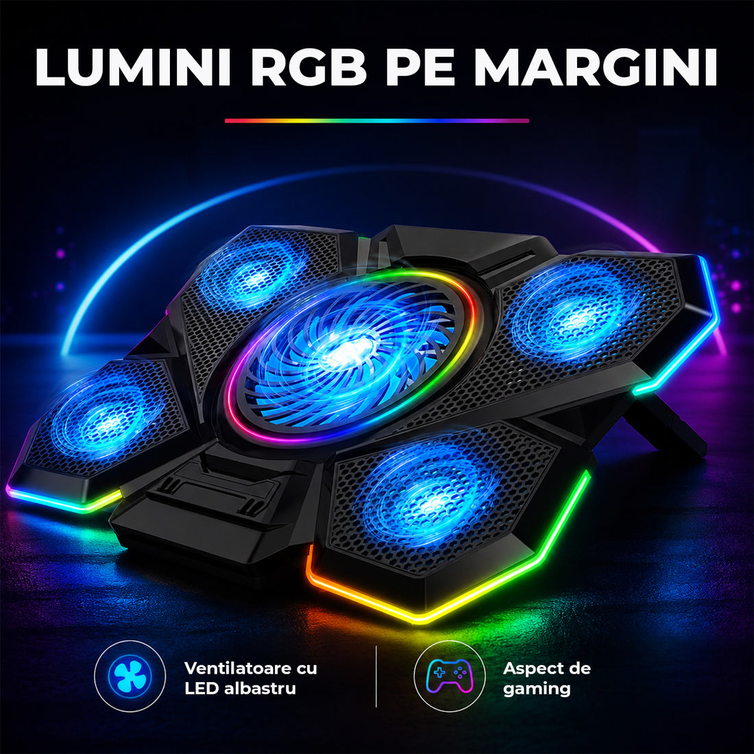 Cooler Laptop Gaming RGB Elindor® Suport cu Unghi Reglabil pe 7 Nivele, Viteza Ajustabila, Dimensiuni Compatabile 12-17 Inch, 5 Ventilatoare Puternice si Silentioase, 2 Porturi USB, pentru Birou, Calatorii, 40.6 x 27.5 x 2.9 cm, Negru