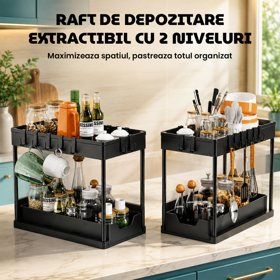Organizator Multifunctional Elindor® pe 2 Nivele, Sertar Glisant Organizare, pe Blat sau in Dulap sub Chiuveta, 16 Carlige, Suport Plastic, pentru Bucatarie, Baie, Camara, Bar, Raft cu Sertare Depozitare Legume, Detergenti, Parfumuri, 39.5x21.6x39, Negru