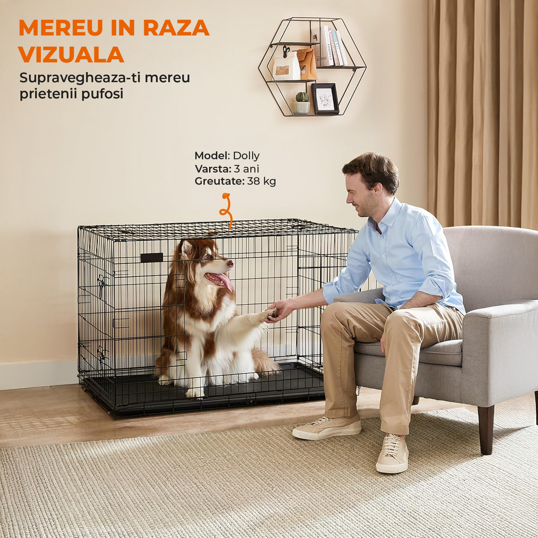 Cusca pentru Animale Elindor® Pliabila, Potrivita pentru Caini de Talie Medie si Mare de 23 Kg, Utilizare in Interior si Exterior sau Calatorii, cu 2 Usi, Baza din Plastic Detasabila, 2 Manere pentru Transport, Marime XXL, 107×69.5×75 cm,