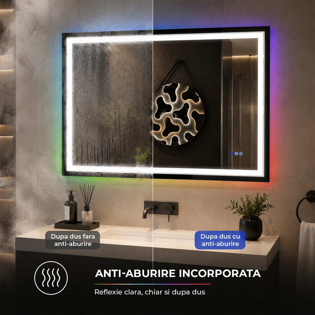 Oglinda de Perete Elindor® Antiaburire, Dreptunghiulara, Montare pe Orizontala, fara Rama, Ideala pentru Baie, Iluminare Led RGB, Buton ON/OFF Luminat si Noaptea, Rezistenta la Umiditate IP44, 100 x 60 cm