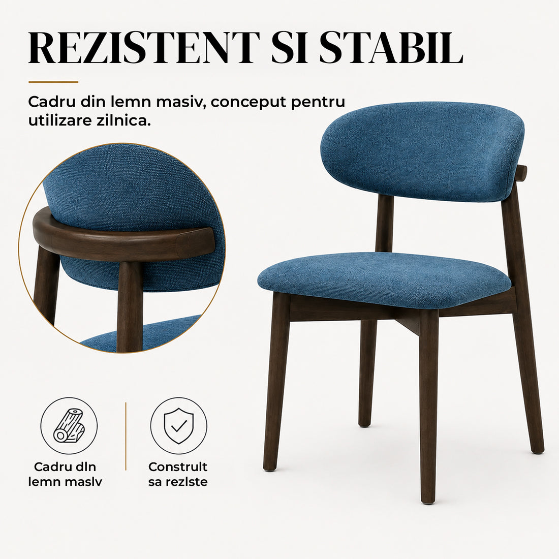Set 2 Scaune Elindor® Ergonomice, Design Contemporan, Scaun cu Spatar si fara Manere, din Bumbac si In cu Picioare Maro Inchis, Potrivite pentru Living, Bucatarie, Birou, Dormitor, Albastru Inchis
