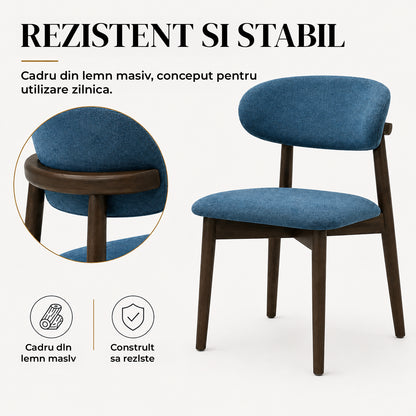 Set 2 Scaune Elindor® Ergonomice, Design Contemporan, Scaun cu Spatar si fara Manere, din Bumbac si In cu Picioare Maro Inchis, Potrivite pentru Living, Bucatarie, Birou, Dormitor, Albastru Inchis