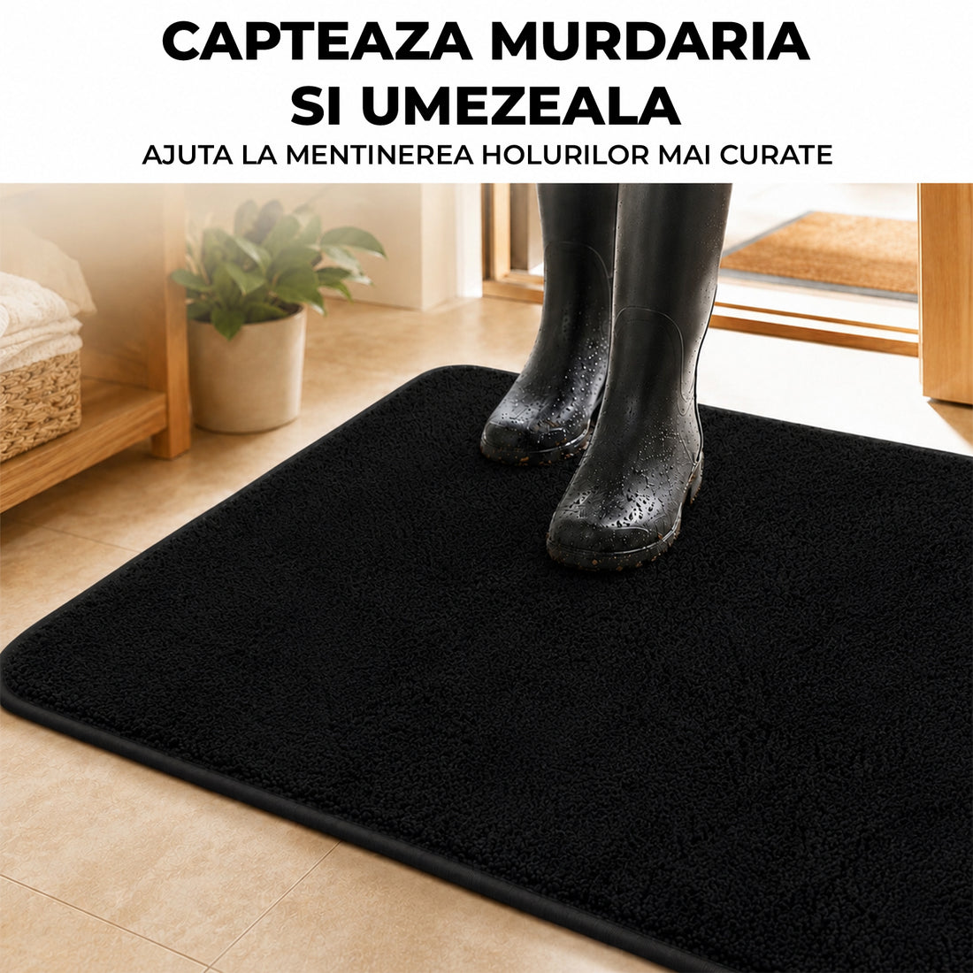 Covoras Antiderapant Elindor® pentru Intrare Casa, Lavabil la Masina, Super Absorbant, Moale, Durabil, Talpa Cauciucata Anti-Alunecare, Usor de Curatat, Pentru Interior si Exterior, 50 x 80 cm, Negru