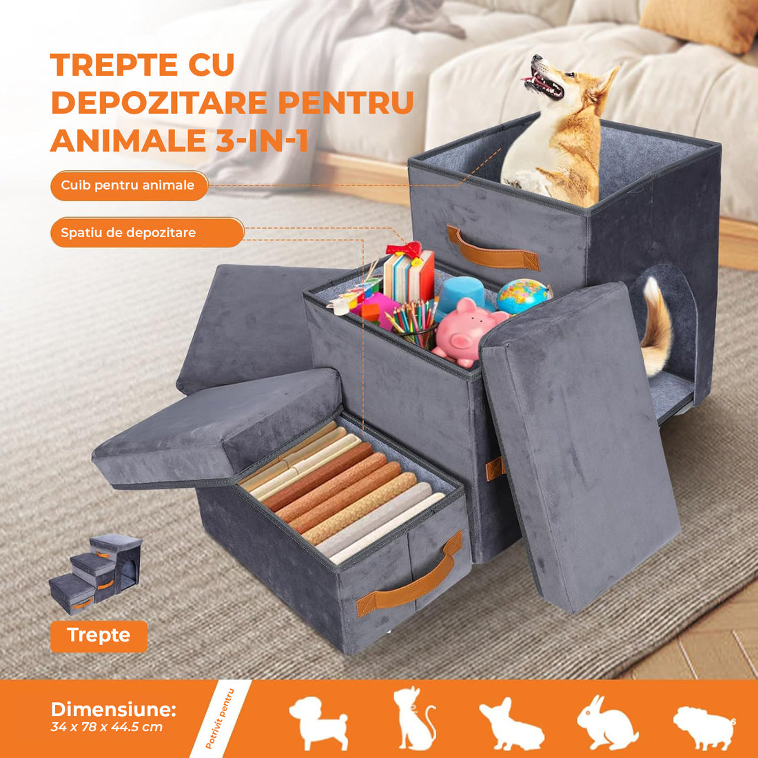 Scari Animale Elindor®, 3 Trepte pentru Caini si Pisici cu Spatiu Depozitare, Trepte Antiderapante pentru Pat sau Canapea, Structura din Placa de Inalta Densitate si Material Textil, pentru Dormitor, Living, 78 x 45 x 34 cm, Gri