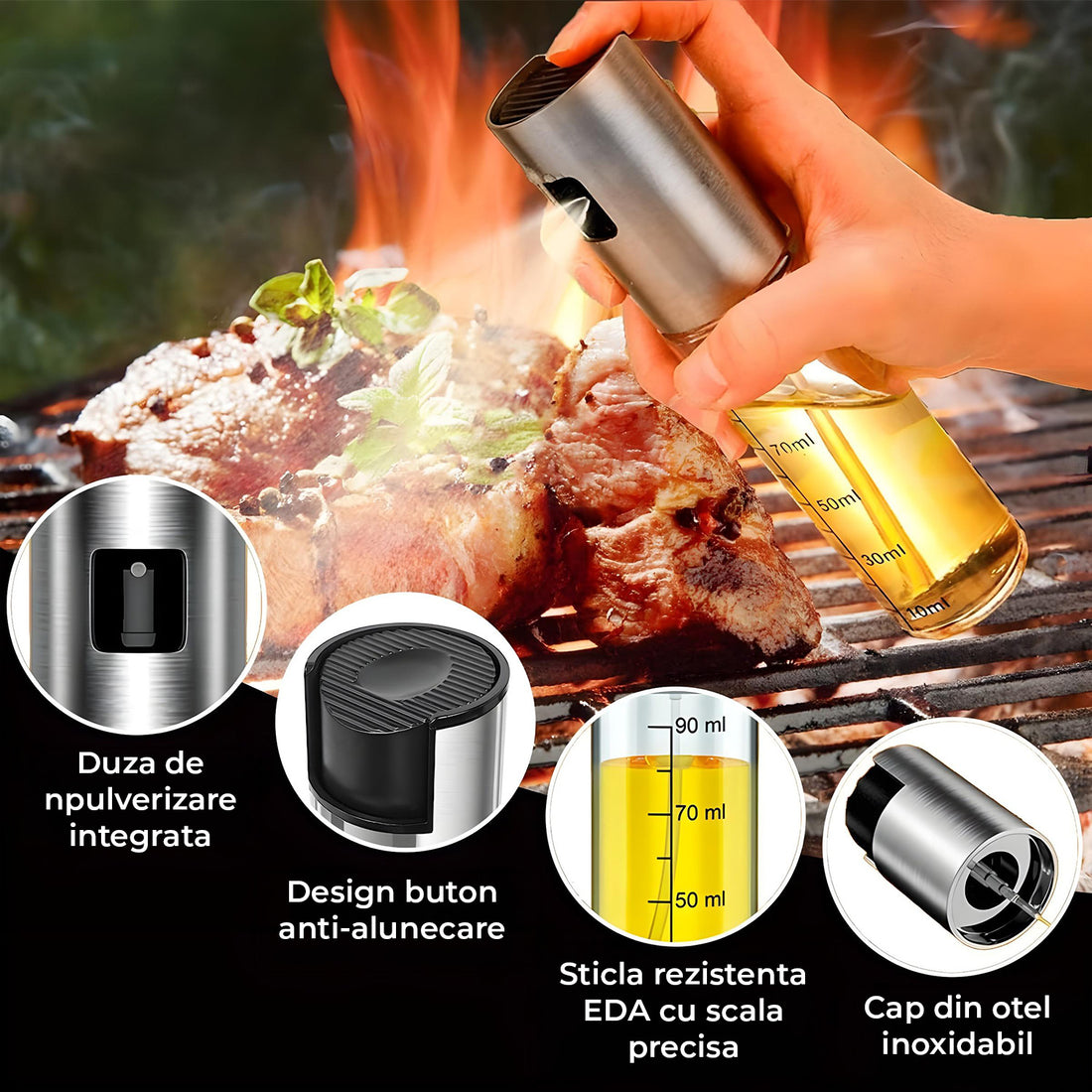 Pulverizator Ulei Elindor®, Oliviera 100ml, Sticla Dozatoare Multifunctionala, Control Precis, pentru Gatit, Friteuza cu Aer, Salate  Material Sticla si PVC, Argintiu