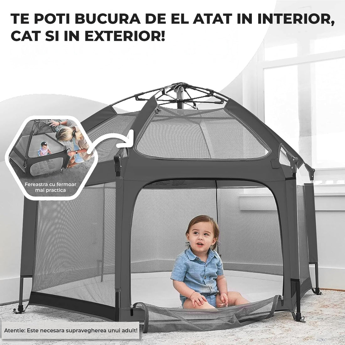 Tarc de Joaca pentru Bebelusi si Copii Elindor® Tip Cort, Spatiul Sigur de Joaca, Plasa de Protectie UV, Include Usa cu Fermoar, Materiale Eco-Friendly și Non-Toxice, Varsta 1-3 ani, 150 x 122 cm, Gri