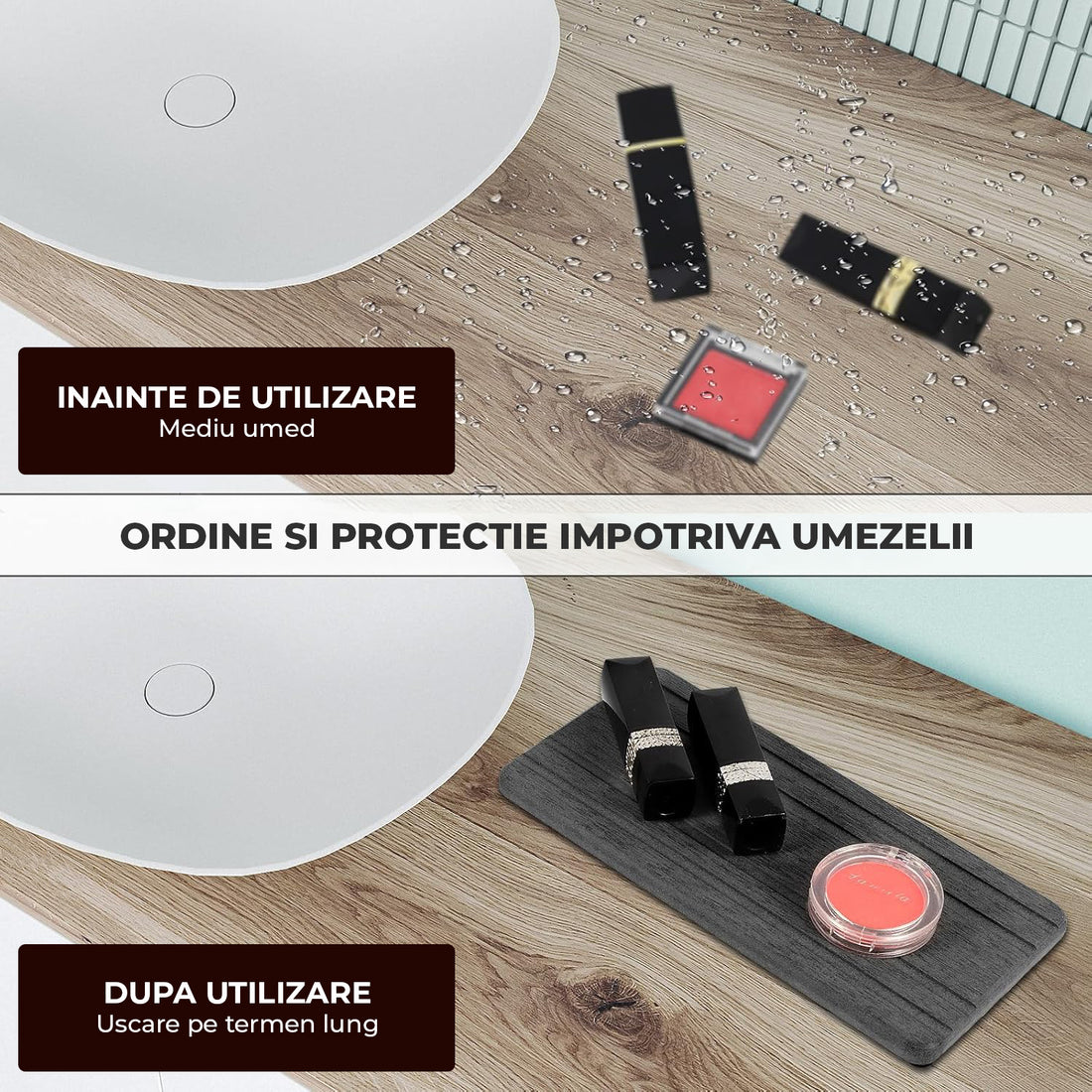 Set Tavi Absorbante Elindor® din Piatra, Diatomit, Uscare Rapida, Anti-Alunecare, pentru Chiuveta si Blat, Design Striat, 3 Piese, 21 x 10 cm si 10 x 10 cm, Gri Inchis