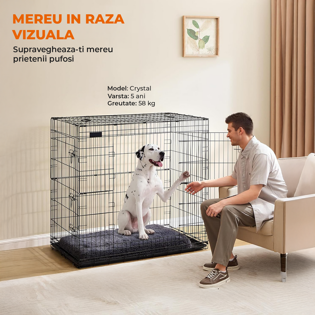 Cusca pentru Animale Elindor® Pliabila, Potrivita pentru Caini de Talie Medie si Mare de 19 Kg, Utilizare in Interior si Exterior sau Calatorii, cu 2 Usi, Baza din Plastic Detasabila, 2 Manere pentru Transport, Marime XL, 91×56.5×64.5 cm,