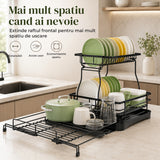 Scurgator de Vase Extensibil Elindor®, Suport Farfurii Chiuveta, Uscator Vesela, Tacamuri, Capace, Oale, Tigai, Pahare, Tocator, Tava din Plastic cu Scurgere Automata, Organizator Bucatarie Multifunctional, Otel Carbon, 54 x 42 x 37.5 cm, Negru