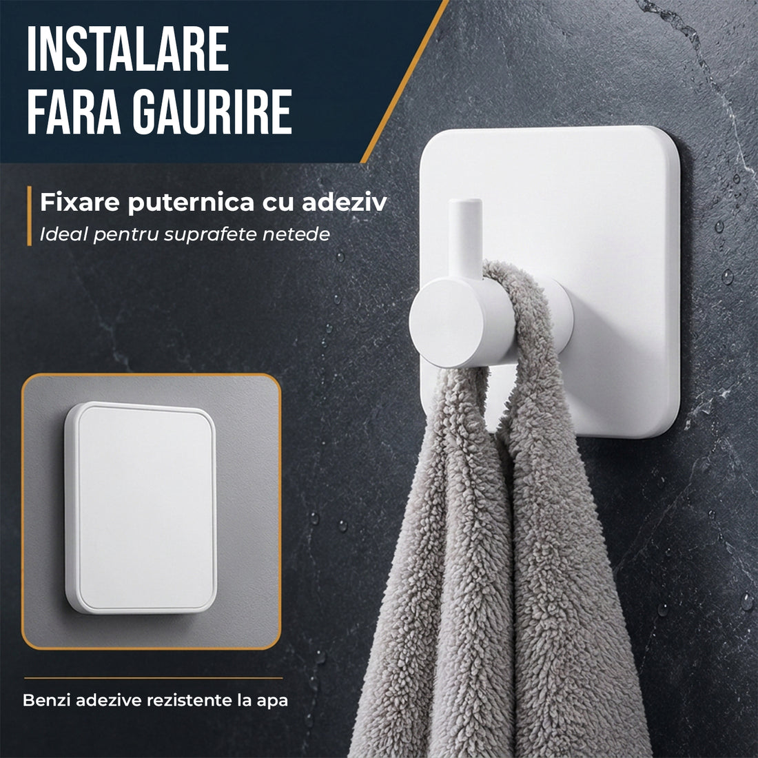 Set 6 Carlige Adezive Elindor® din Otel Inoxidabil, Montare Fara Gaurire, Greutate Mxima Suportata 10 kg, Design patrat si Colturi Rotunjite, Instalare Usoara, Ideal pentru Baie, Bucatarie sau Birou, 4.5 x 4.5 cm, Alb