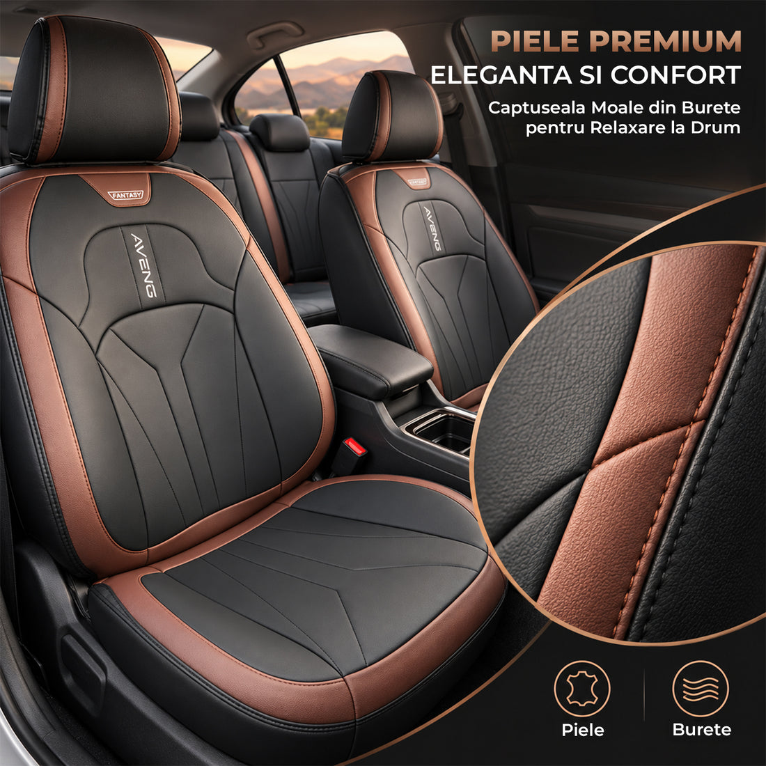 Set 5 Huse Scaune de Masina Elindor®, Huse Auto Piele, Impermeabile, Universale, Protectie Scaun Fata si Spate, Montaj Rapid, Accesorii Masina Interior, Negru / Maro