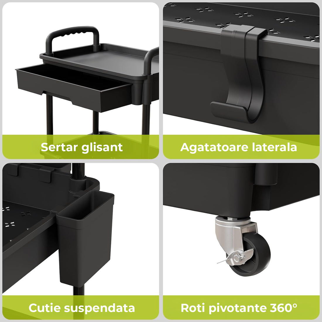 Carucior Organizator 3 Niveluri Elindor®, cu 1 Sertar si Roti 360°, Organizator Bucatarie, Multifunctional, Raft Mobil Organizare Baie, Camara, Birou, Bar,38 x 27 × 74 cm, Negru