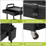 Carucior Organizator 3 Niveluri Elindor®, cu 1 Sertar si Roti 360°, Organizator Bucatarie, Multifunctional, Raft Mobil Organizare Baie, Camara, Birou, Bar,38 x 27 × 74 cm, Negru