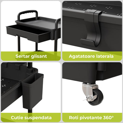 Carucior Organizator 3 Niveluri Elindor®, cu 1 Sertar si Roti 360°, Organizator Bucatarie, Multifunctional, Raft Mobil Organizare Baie, Camara, Birou, Bar,38 x 27 × 74 cm, Negru