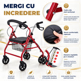Cadru de Mers Elindor®, Pliabil, cu 4 Roti, Sezut Captusit, Spatar, Frane de Mana cu Blocare, Manere Reglabile pe 4 Niveluri, Cos Depozitare, pentru Persoanele cu Dificultati Locomotorii sau in Etate, Sarcina 120 kg, Rosu