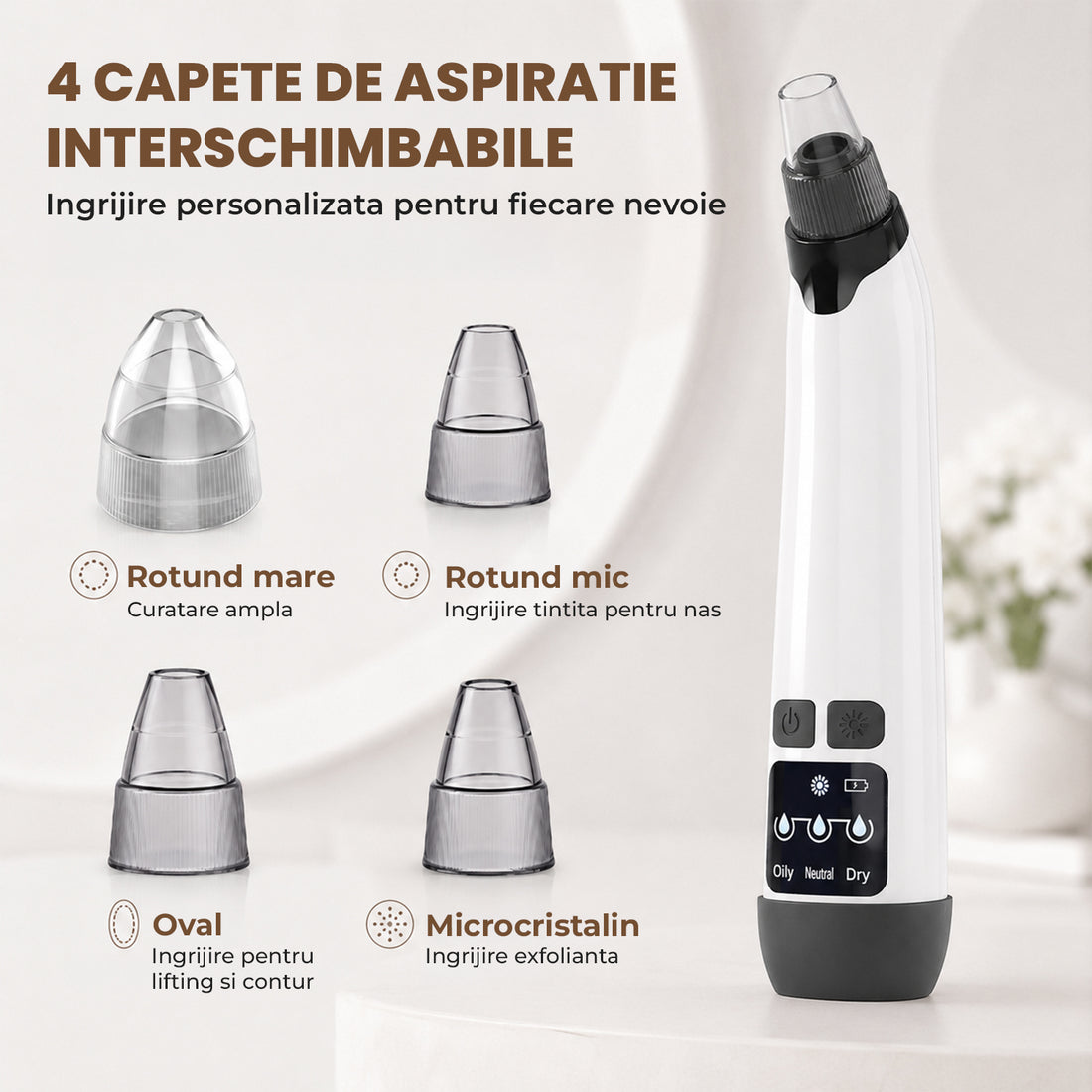 Aparat pentru Puncte Negre Elindor® Aspirator Reglabil, 4 Capete Incluse, 3 Trepte de Viteza, Ingrijirea Tenului, Alb