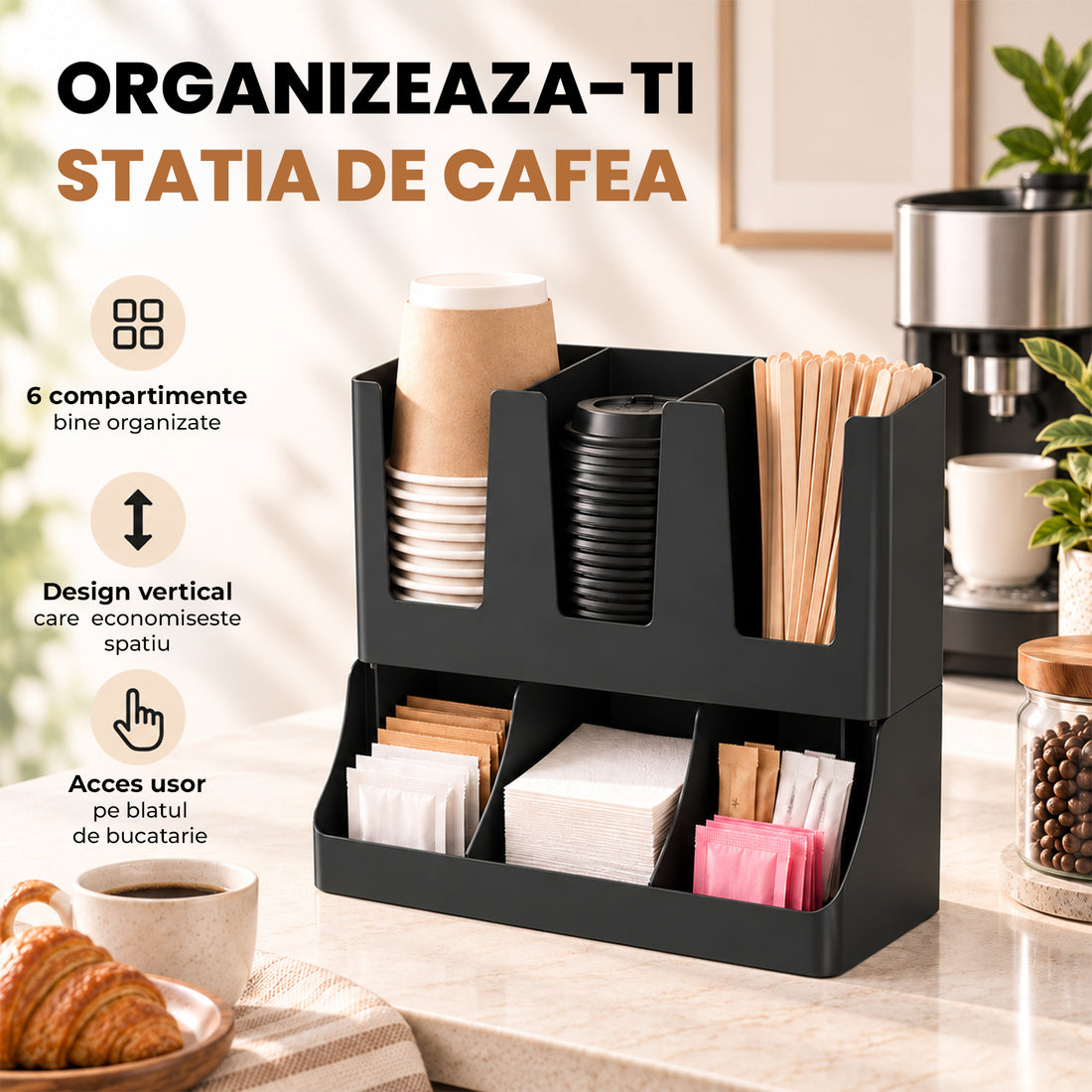 Organizator Multifunctional Elindor® pentru Bucatarie, Cafea si Birou, 6 Compartimente, Suport pentru Pahare, Capace, Pliculete si Accesorii, Design Compact, Ideal pentru Cafenele, Localuri, Acasa, ABS, 29.8 x 13.8 x 29.2 cm, Negru