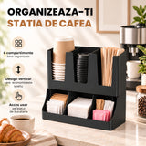 Organizator Multifunctional Elindor® pentru Bucatarie, Cafea si Birou, 6 Compartimente, Suport pentru Pahare, Capace, Pliculete si Accesorii, Design Compact, Ideal pentru Cafenele, Localuri, Acasa, ABS, 29.8 x 13.8 x 29.2 cm, Negru